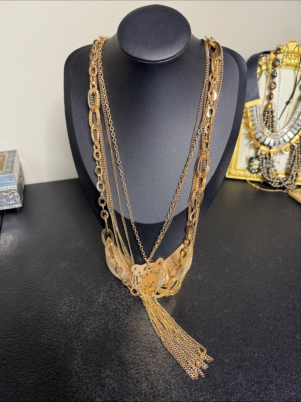 Gold Tone Layered Tiger Pendant Tassel Statement Necklace - Women Jewelry